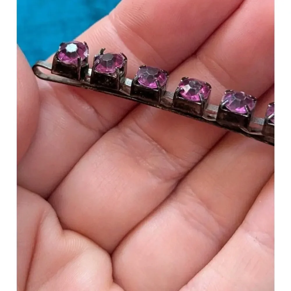 Vtg Pink Purple Rhinestone Bar Pin Hair Clip Czech Glass Silver Tone Prong Set